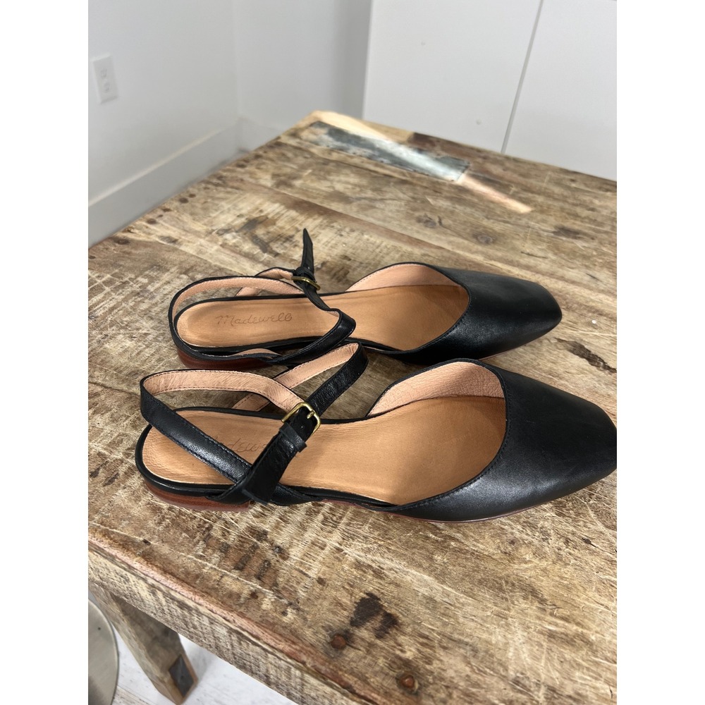 Madewell Black Leather Square Toe D'Orsay Ankle Strap Flats Size 9